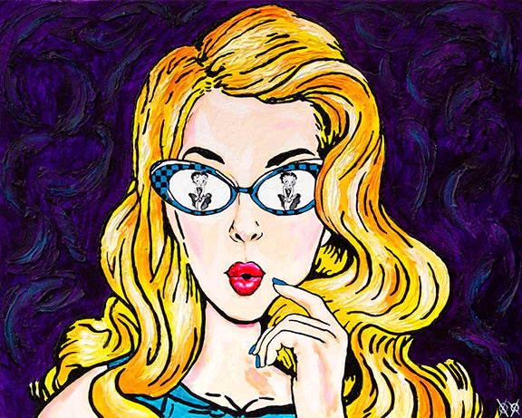 painting of a blonde woman with glasses reflecting betty boop