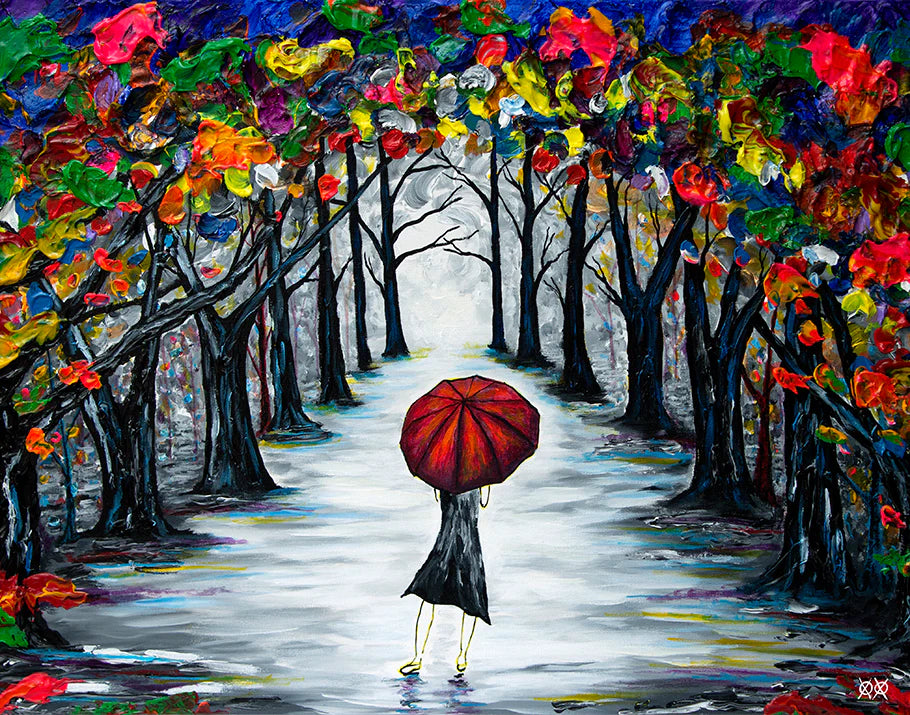 painting of a red umbrella amongst trees