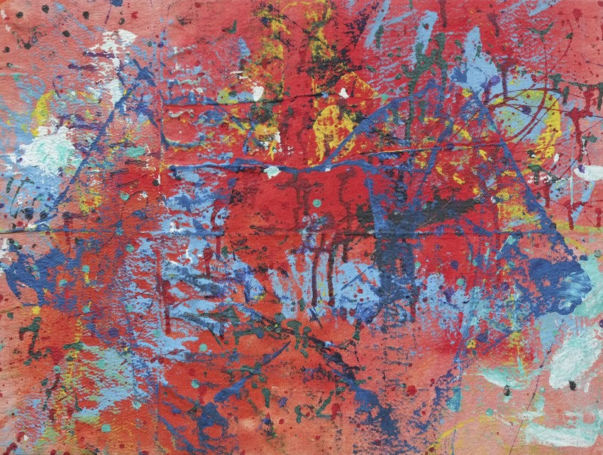 Acrylic on canvas artwork with red background and yellow, dark blue, and light blue paint drizzled over top