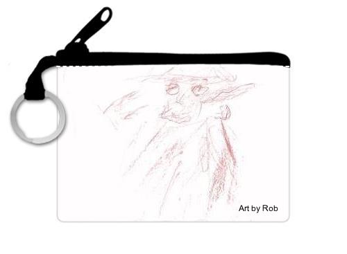 zipper coin purse with a red Graphite drawing of a person with a hat and coat standing. The facial features are drawn darker and finer than the shaded outlines. There are faint buttons drawn going down the torso of the person
