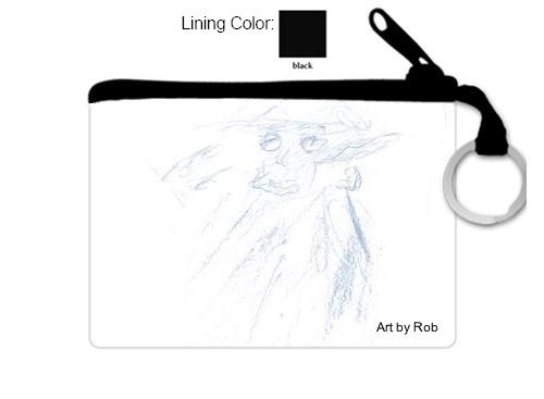 zipper coin purse with a blue Graphite drawing of a person with a hat and coat standing. The facial features are drawn darker and finer than the shaded outlines. There are faint buttons drawn going down the torso of the person