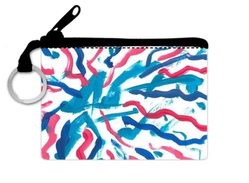 This is a coinpurse that shows blue streaks of paints with several pink and dark blue squiggles of paint going toward it