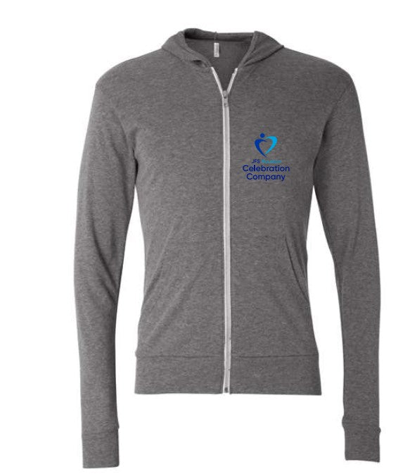 Grey, fullzip lightweight hoodie jacket with Celebration Company Logo on left Chest.