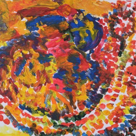 Acrylic on paper artwork inspired by a turkey depicting yellow, red, blue circles, ovals and dots