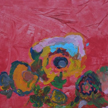 Acrylic on canvas artwork depicting red background with multi colored flowers along the bottom