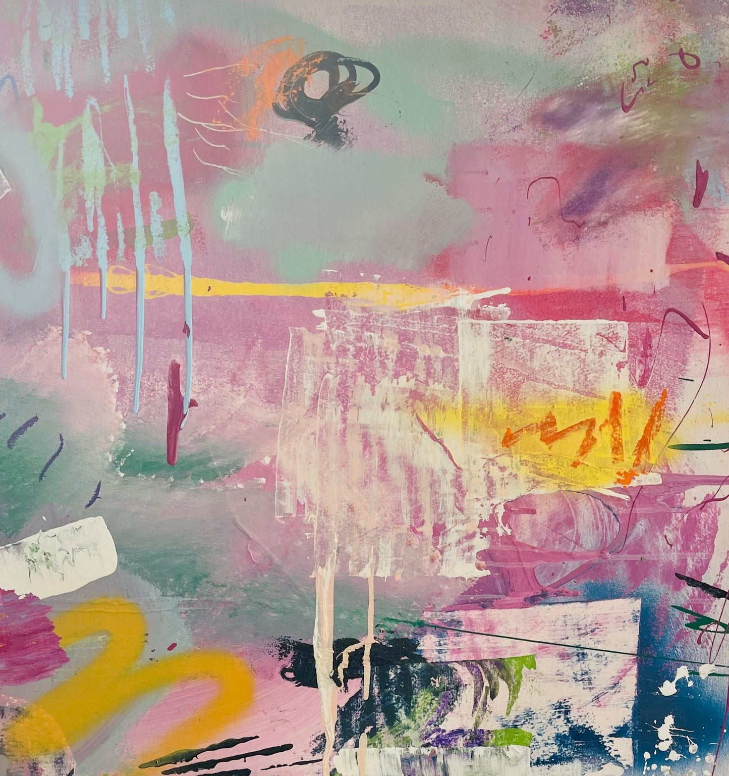 abstract painting with pastel pinks and spray painted grays and yellows on top, with areas that have white smears 