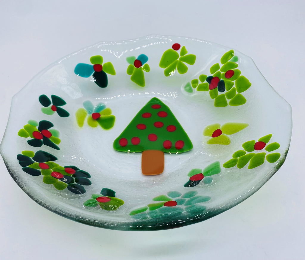 Glass Bowl with holly and Christmas tree.