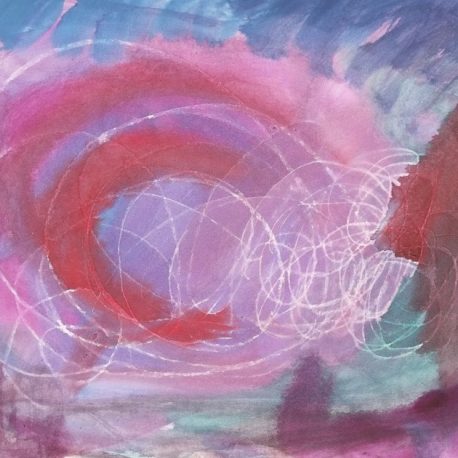 Acrylic on paper artwork with a cotton candy blue, teal, pink and red background with white circles overlaid
