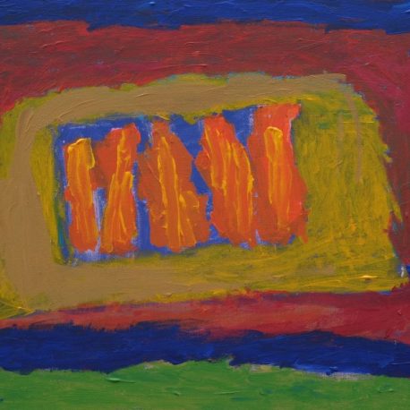 Acrylic on canvas artwork depicting blue, red and green background with a yellow rectangle and orange vertical stripes in the middle