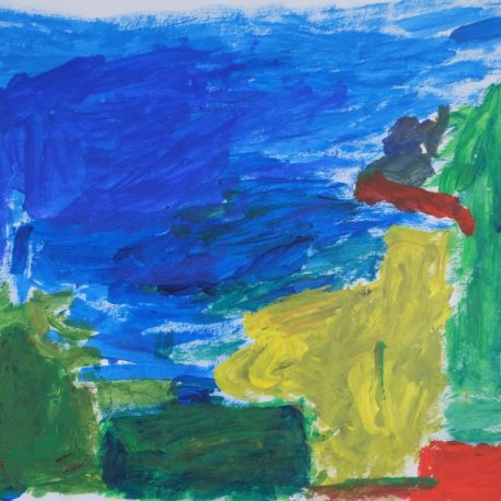 Acrylic on paper color block artwork with blue, green, yellow and red