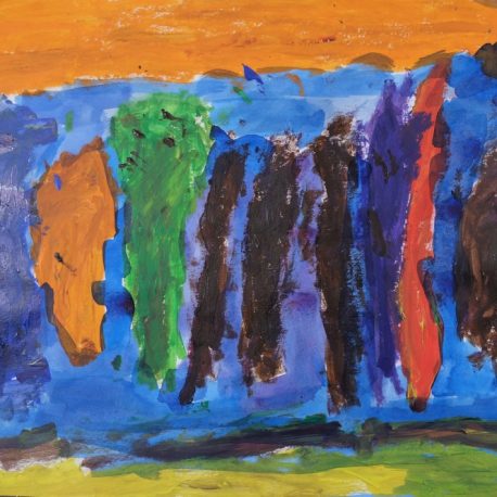 Acrylic on paper artwork with orange, green, brown, purple and red vertical paint streaks against an orange, light blue and yellow/green background