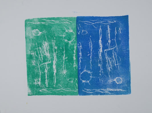 Ink on paper artwork with a large light green rectangle on the left and a large blue rectangle on the right with small white lines, circles and suns over both