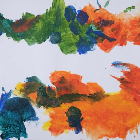 Acrylic on paper artwork with mostly white background with two horizontal rows of green, blue, orange and yellow colored paint strokes