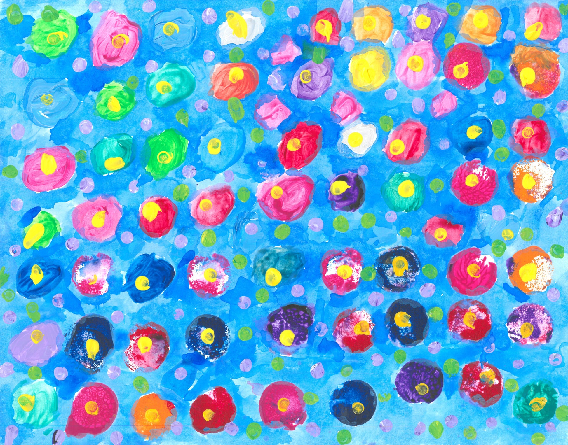 This is a painting with a blue background and multicolored dots with yellow centers. The colors include: purple, pink, orange, and blue.