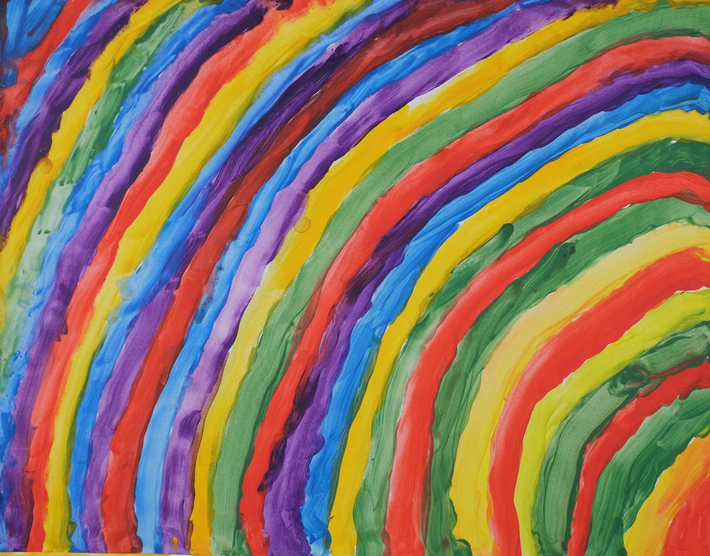Curved stripes of red, blue, purple, yellow, and green alternate. Bottom right corner alternates yellow, green, and red.