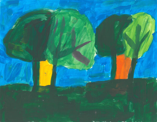 Two pairs of trees with overlapping foliage, the left side is a darker green than its companion to the left. The foliage is painted more transparent to be able to see the branches of the trees. In between the pair of tree trunks are  yellow (for the first pair to the left) and orange (for the second pair to the right). This scene is painted on a background of light blue sky and a dark green grass.