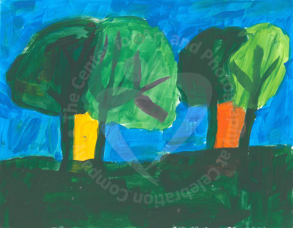 Two pairs of trees with overlapping foliage, the left side is a darker green than its companion to the left. The foliage is painted more transparent to be able to see the branches of the trees. In between the pair of tree trunks are yellow (for the first pair to the left) and orange (for the second pair to the right). This scene is painted on a background of light blue sky and a dark green grass.