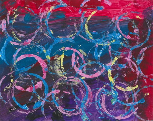 This is a painting with a red purple and blue background and multicolored overlapping circles