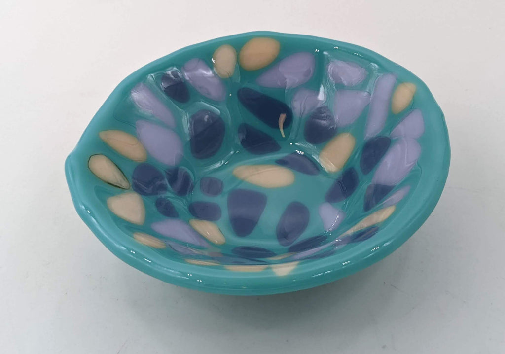 Blue trinket bowl with spots of purples and white