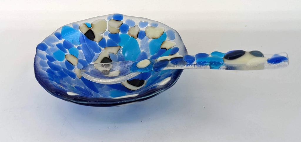 glass bowl and spoon set with blues and white