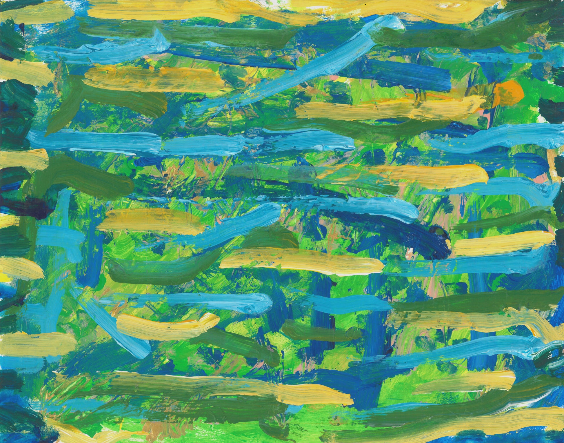 This is a painting of green, blue, and yellow horizontal lines in abstract form.