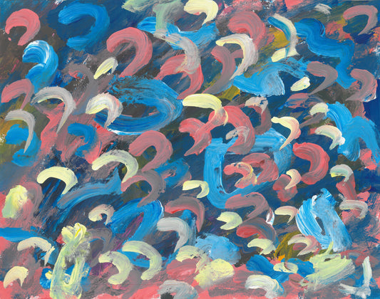 This is a painting with multicolored paintsrokes shaped like backward letter "c." Colors include yellow, pink, blue