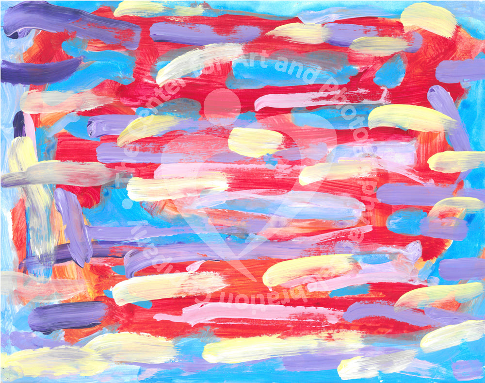 Artwork shown against an orangish-red blackground are pale streaks of pink, yellow, lavender, and sky blue. 
