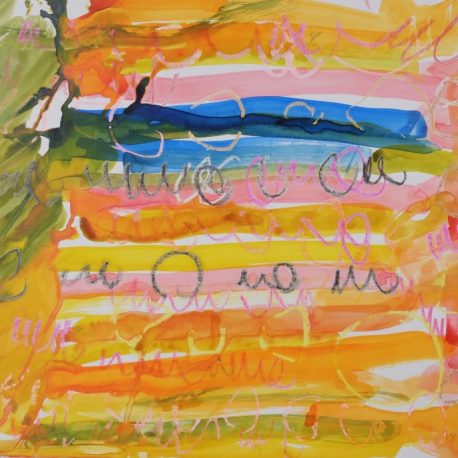 Ink and wax on paper artwork depicting horizontal yellow, orange, blue and green lines