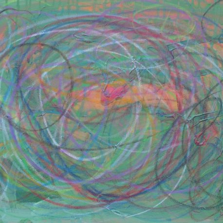 Acrylic and oil pastel on canvas artwork with a green background and many overlapping circles in pink, black, white, green and purple