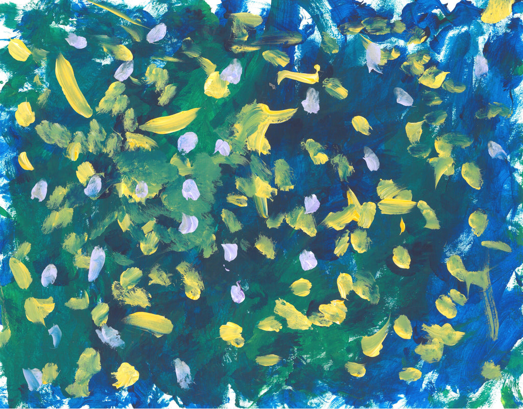This is a blue and green background painting with white and yellow dots and paintstrokes