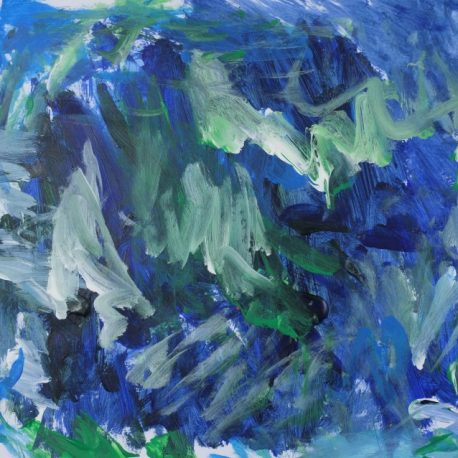 Acrylic on paper artwork with dark blue, dark green, and light green paint streaks