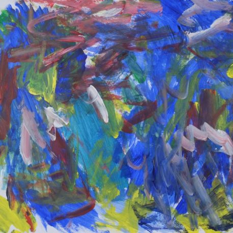 Acrylic on paper artwork with frenzied strokes of red, blue, white, and yellow covering the background