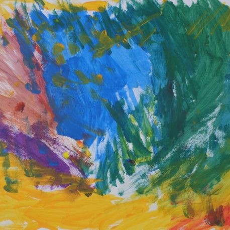 Acrylic on paper artwork with broad paint strokes of green, blue, and yellow with small splotches of pink and purple to the left
