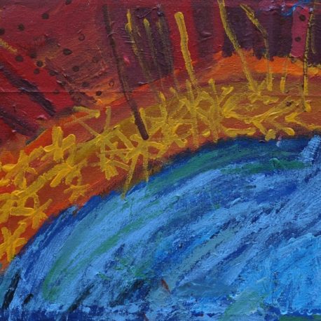 Acrylic on canvas artwork with a red, orange and yellow sky over a blue body of water
