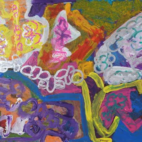 Acrylic on paper artwork with yellow, purple, pink, white and blue butterfly and flower shapes