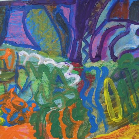 Acrylic on paper artwork depicting an abstract garden with blue, purple, orange, green, yellow and blue flower shapes