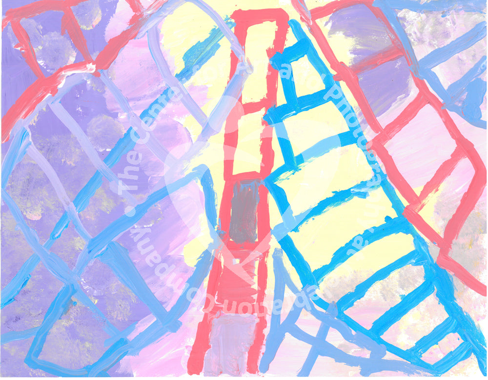 Acrylic on paper artwork with a lavender and yellow background with red, purple and blue ladders pointing upwards
