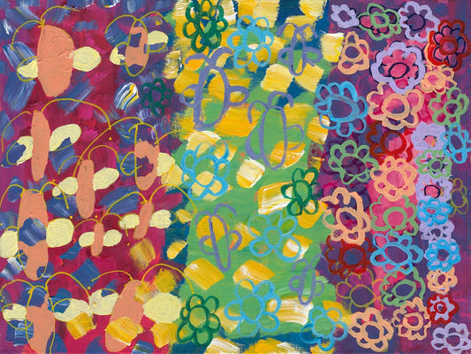 This painting is a multicolored background including purple, green and pink. There are a series of abstract paint dashes on it and several flowers in abstract form.