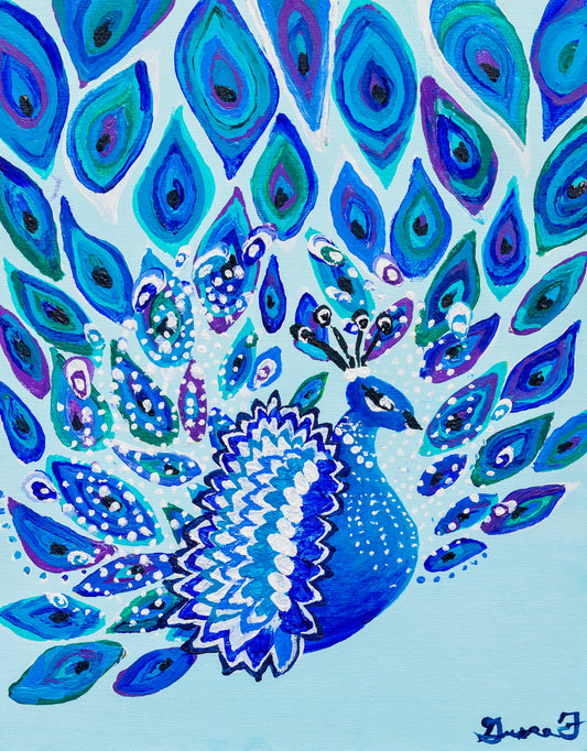 painting of blue peacock against blue background