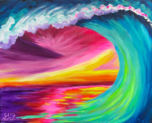 painting of a wave at sunset