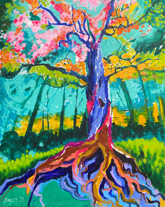 painting of tree with emphasis on roots