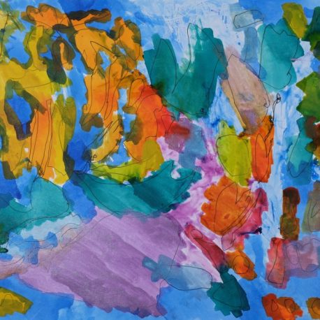 Ink and acrylic on paper artwork with various abstract shapes in yellow, blue, orange, teal and purple and outlined in thin black ink
