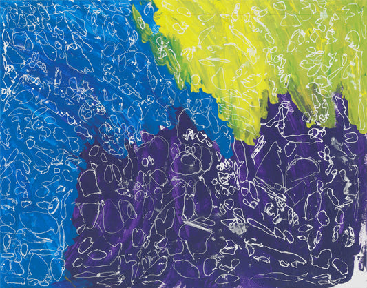 This is an abstract painting with navy, blue and yellow background. It has white scribbles covering the colors