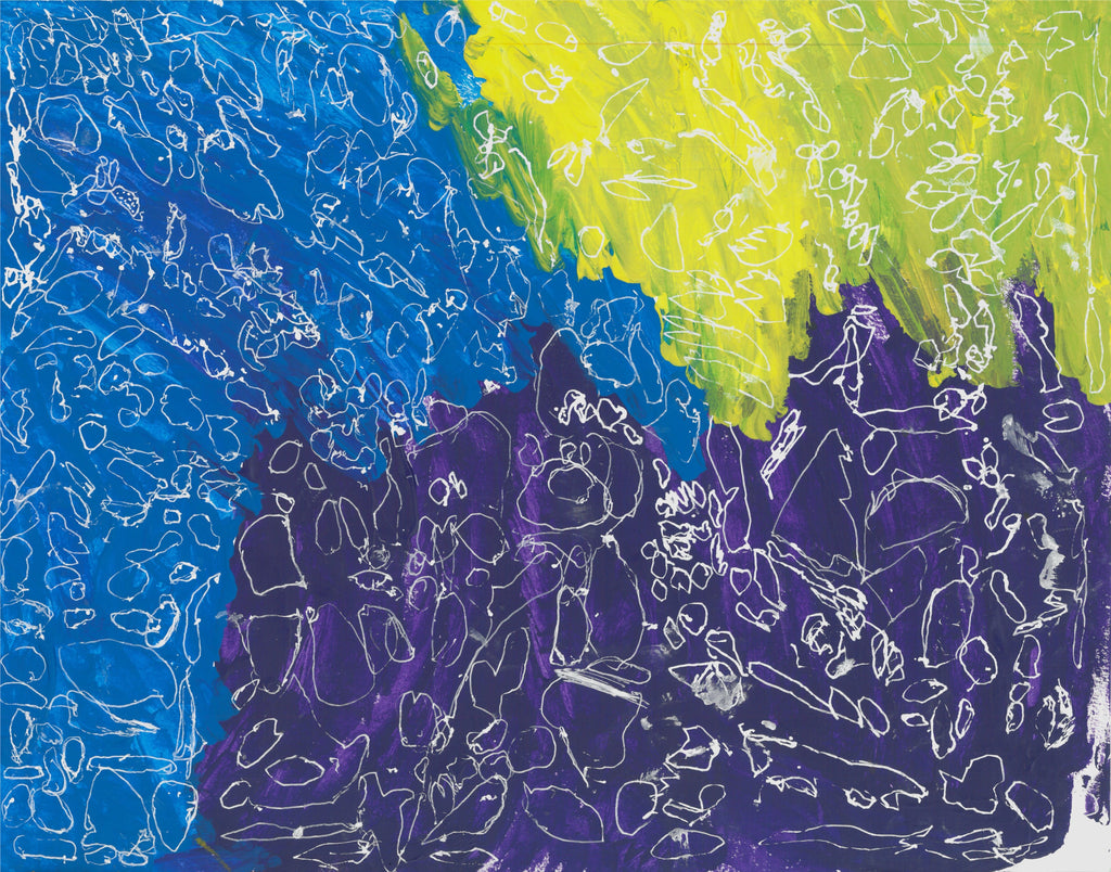 This is an abstract painting with navy, blue and yellow background. It has white scribbles covering the colors
