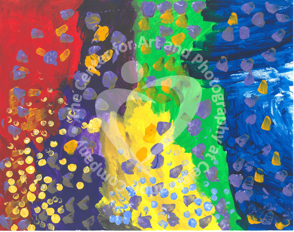 Artwork depicting red, yellow, green, and blue background with dots