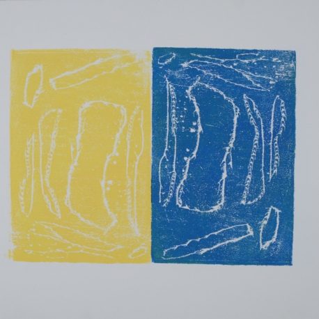 Ink on paper artwork depicting a large yellow rectangle with white shapes on the left and a large blue rectangle with white shapes on the right