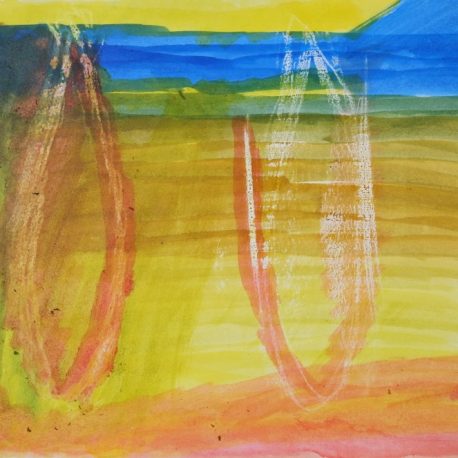 Ink and wax on paper artwork with yellow, blue, orange and red striated background with vertical orange ovals