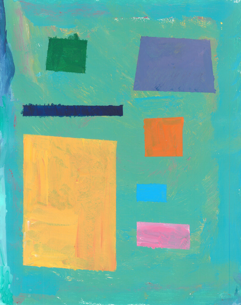 Painting of blue background with yellow, navy, pink, orange, green and blue square doors.
