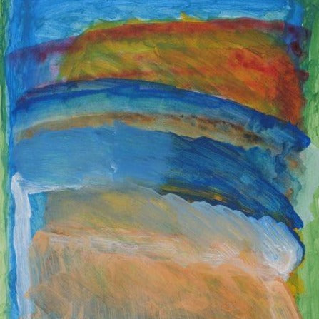 Acrylic on paper artwork inspired by falling water with horizontal light green lines on top and bottom and vertical lines of light orange, blue and a hint of red, orange and yellow