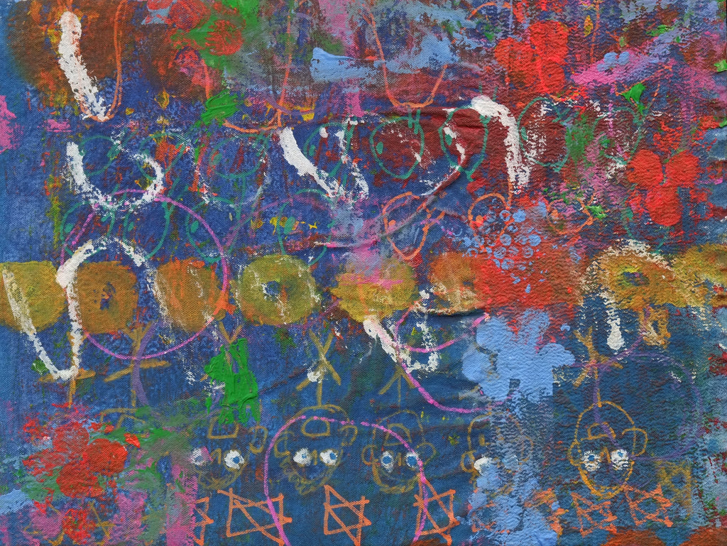 Acrylic on canvas artwork with blue background and horizontal lines of patterns including teal circles, yellow circles, yellow faces, and orange stars
